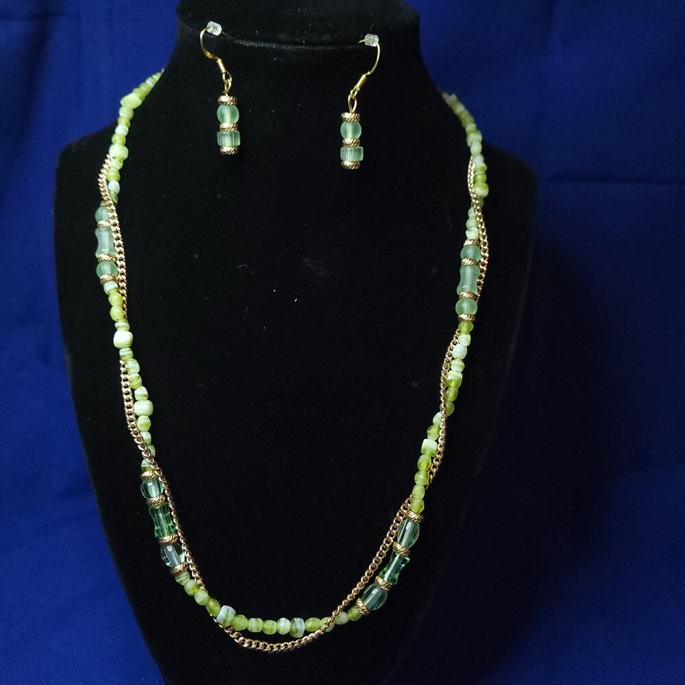 Green Stone Bead Necklace and Earring set